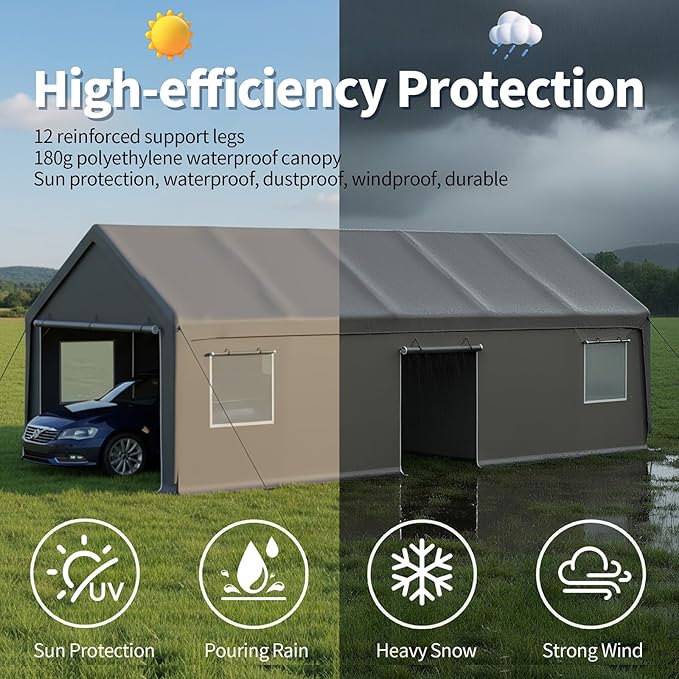 TFN 13x26 ft Heavy Duty Carport Outdoor Garage Car Port Features 2 Roll-up Doors + 1 Side Door Removable Sidewalls Windows All-Season Tarp for Car Boat Truck Vehicle