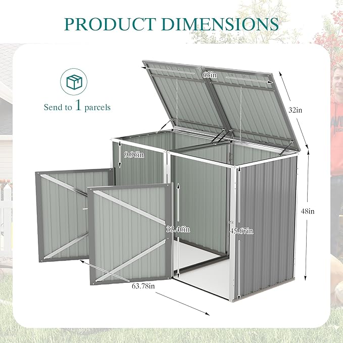 Outdoor Storage Shed Metal Trash Can Storage,54 Cu.Ft Garbage Can Storage Shed W/Lid Chain,Hydraulic Mechanism & Pneumatic Spring Support Rods,for 2 Trash Bins,Bike,Garden Tools,Light Gray