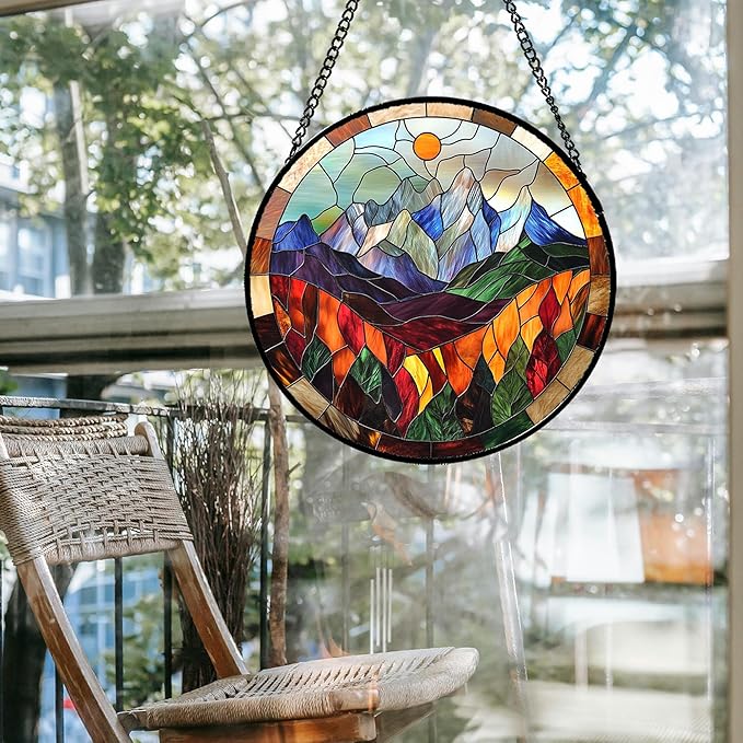 QZQCBLC Stained Glass Window Hanging Orange Sun Colorful Mountains Landscape Large 15" - Suncatcher Door Garden Sun Catcher Home Decor Birthday Christmas for Mom Men Woman Friend