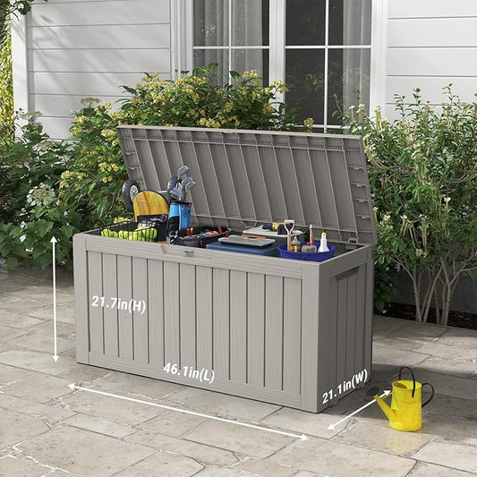 Mars Villa Deck Box, Waterproof Weatherproof and UV Resistant Resin Storage Bin with Lockable Lid, Ideal for, Outdoor, Patio Furniture Cushions, Pool Supplies, Garden Tools (72 Gallon, Light Brown)