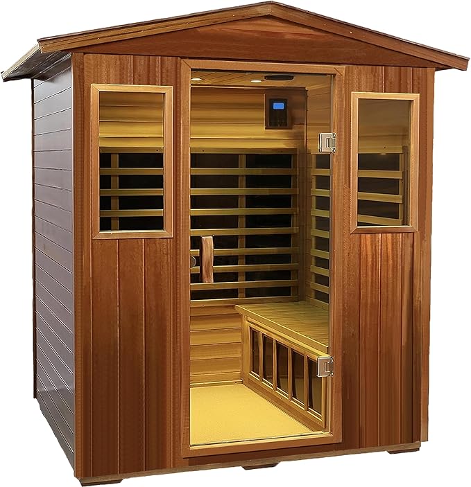 LTCCDSS Ultra-Low EMF Outdoor Sauna 4 Person, Mahogany Far Infrared Sauna for Home EMF Average 0.5 mG, Chromotherapy, Bluetooth Speaker (68.1 * 52.4 * 82.7 inch)