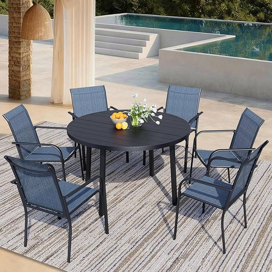 7 Pieces Patio Dining Set for 6, Blue Patio Stackable Chairs and Black Round Table Set of 6, Outdoor Furniture Set with Sling Support for Outside, Garden