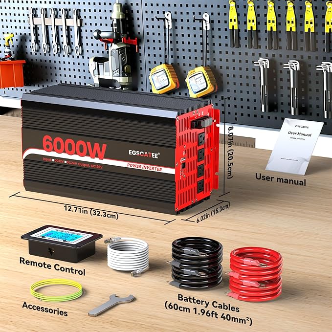 6000W Power Inverter 12V DC to 120V AC Converter for Truck, Home, RV, Peak 12000W Off-Grid Solar Power Inverter with 4 AC Outlets, USB Port,Type-C Port, Remote Controller with LCD Screen