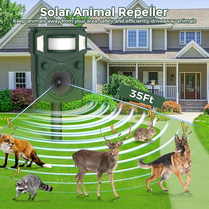 2025 Upgraded Solar Ultrasonic Animal Repellent Outdoor - Motion Activated Deer, Squirrel, Cat,Raccoon, Dog & Bird Deterrent with Multi-Frequency LED Strobe & Ultrasonic Sweep for Garden, Yard