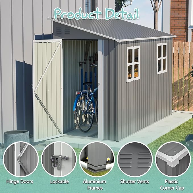 4x10FT Metal Shed with Floor Frame, Lean to Shed with 2 Windows, Outdoor Storage Shed for Garden Backyard Patio, Outside Large Tool Shed for Tools& Bicycle Storage