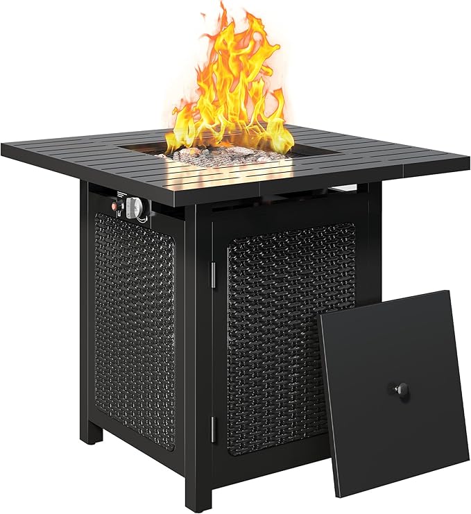Black Propane Fire Pit Table, 50000 BTU Gas Fire Pits Table with Removable Lid and Lava Rock, Square Fire Table with Cover, 30'', Ideal for Dining or Party on Patio, Garden, Yard