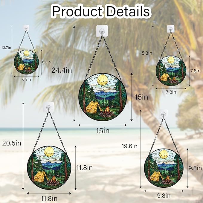 QZQCBLC Stained Glass Window Hanging Yellow Tent Forest Scenery 9.8" - Sunset Suncatcher Door Garden Sun Catcher Home Decor Birthday Christmas for Mom Men Woman Nana Friend
