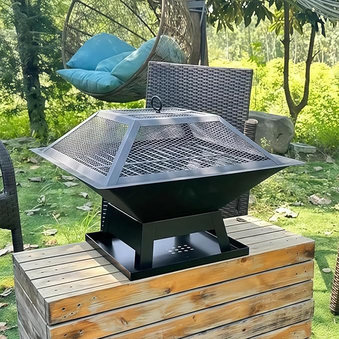 Outdoor Fire Pits for Outside Wood Burning Table Fire Pit with Spark Screen Cover, Fire Bowls Backyard Fire Pit with Fire Poker for Camping Beach (Black, 18.5 Inch)