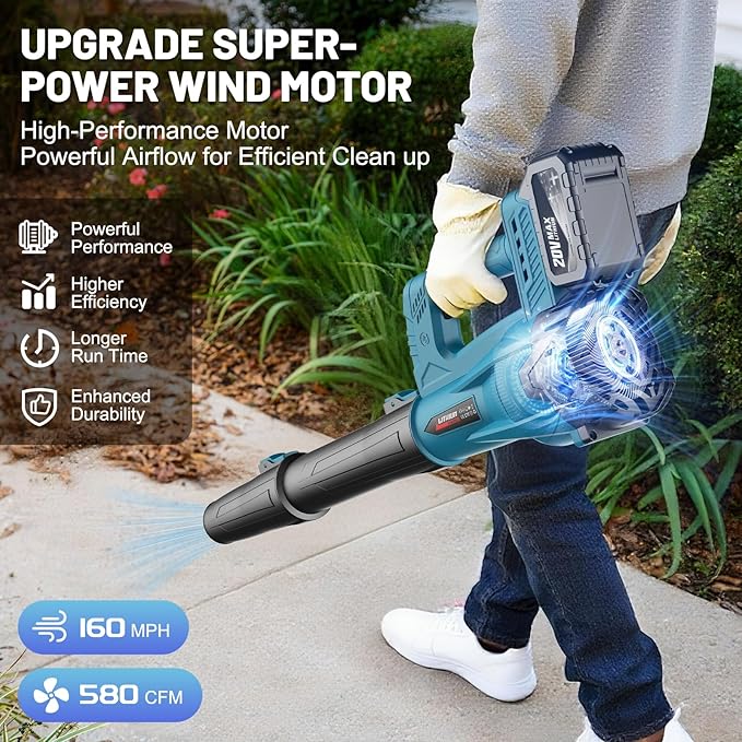 Leaf Blower Cordless with 2 x 4.0 Ah Battery and Charger, 160MPH/580CFM High Power Lightweight Handheld Electric Snow Blower with 2 Extended Tubes for Lawn, Yard, Leaves, Dust, Snow Care (Blue)