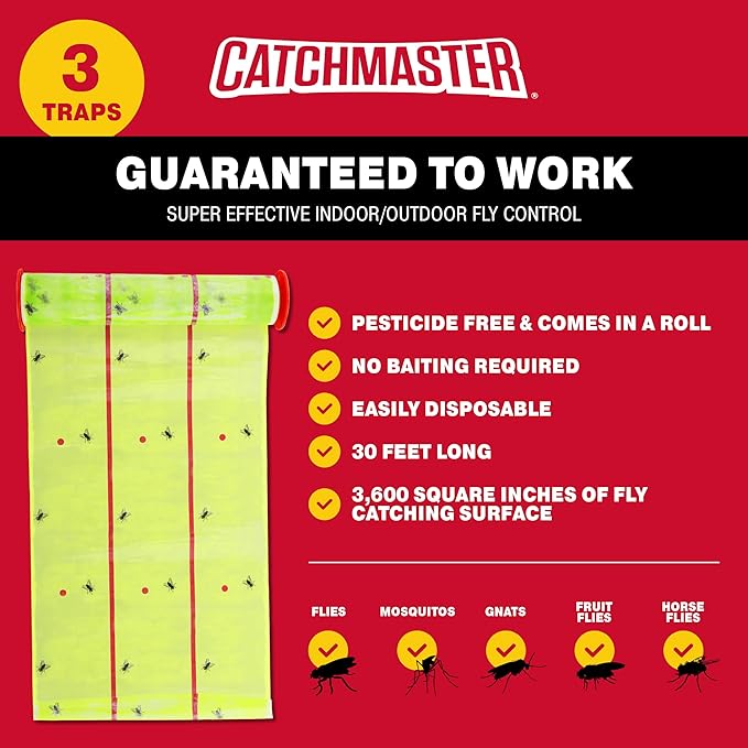 Catchmaster Giant Fly Glue Trap 3-Pack 30 Feet Each, Adhesive Fly Traps Outdoor, Sticky Bug Catcher, Bulk Flying Insect Paper Roll, Pest Control for Garage, Barn, Greenhouse & Garbage Room