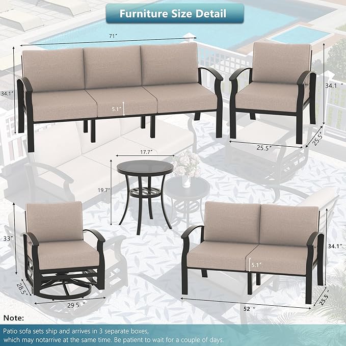 Aluminum Patio Furniture Set, 7 Seats Outdoor Patio Conversation Set with Swivel Chair Modern Metal Patio Sectional Sofa with Upgrade Cushions for Patio, Backyard Sand