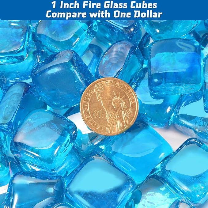 Fire Glass Cube, Fire Pit Rock Square for Indoor or Outdoor, Gas or Propane Firepit or Fireplace, Heat Resistant, No Poping or Breaking, Tempered Glass Bead, Caribbean Blue, 20lb