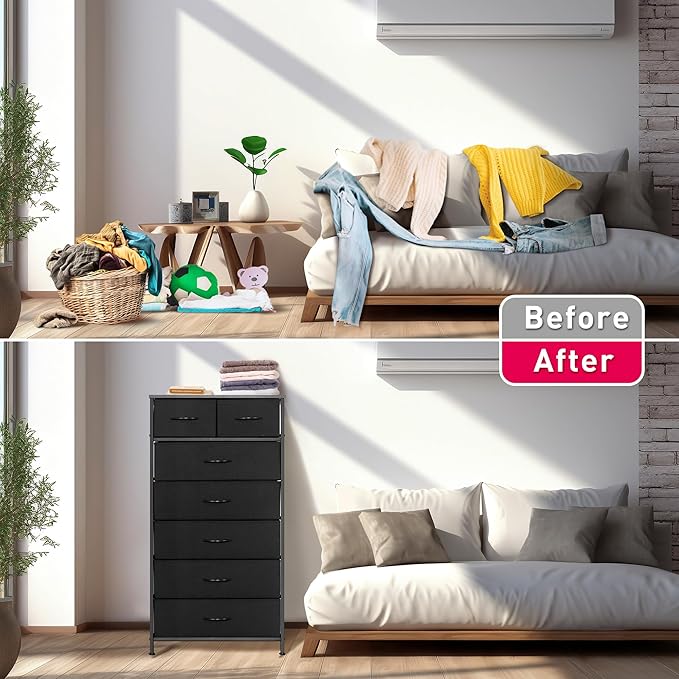 Mifuro Tall Dresser for Bedroom, Vertical Storage Organizer Tower with 7 Drawers, Chest of Drawers with Fabric Bins, Steel Frame, Wood Top for Bedroom, Closet, Entryway- Black