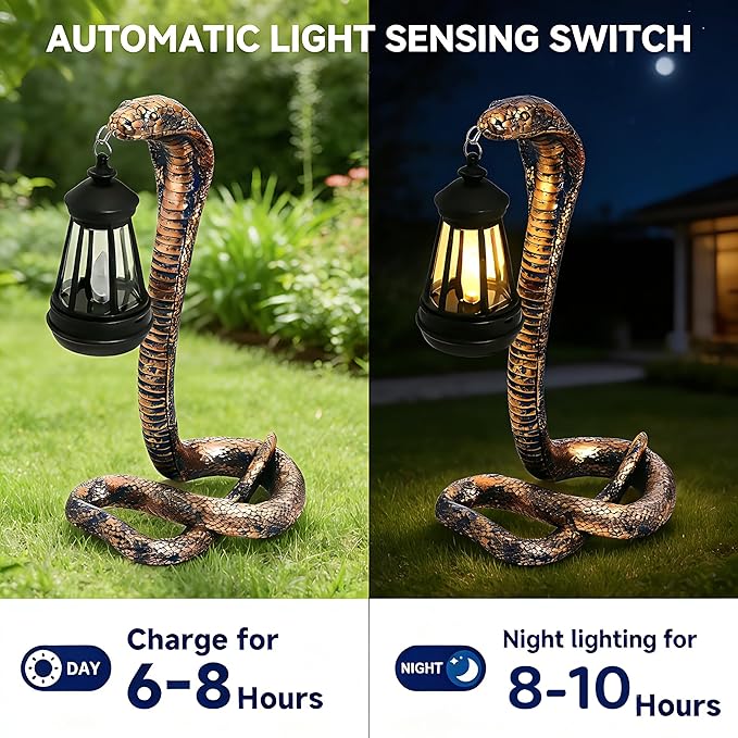 QZJDDZSW Solar Garden Outdoor Statues Snake with Solar Lights Outdoor Chrismtas Decorations - Lawn Decor Snake Statue for Patio, Balcony, Yard Ornament - Unique Housewarming Gifts（11.22" Brass Color
