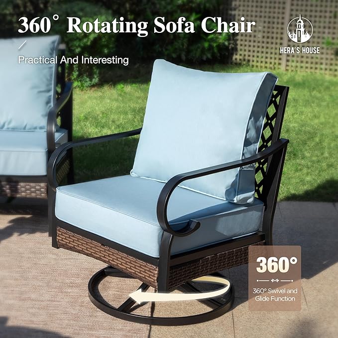 HERA'S HOUSE 6 Piece Metal Patio Furniture Set with 56" Fire Pit Table, All Weather Outdoor Conversation Set, 3 Seat Sofa, 2 Swivel Chairs, 2 Fixed Chairs, Seats 7 for Backyard, Garden, Deck, Blue