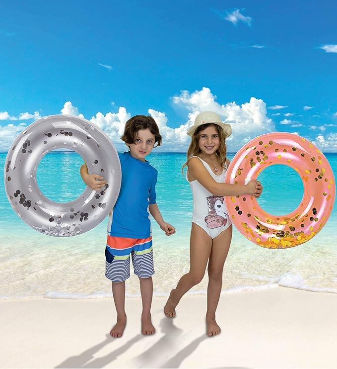 4-Pack Kids Inflatable Pool Floats - Sparkly Confetti-Filled Glitter Pool Float Rings, Cute Pool Floats in Pearl, Silver, Rose Gold, and Gold; Floating Tube Swim Rings for Pool, Beach, Lake - 23 Inch