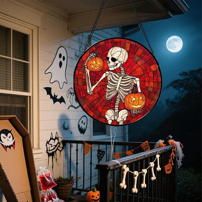 CRISGIF Stained Glass Window Hanging - Halloween Decorations Skeleton Pumpkin Suncatcher for Doors Garden Indoor Spooky Funny Sun Catchers Gothic Decor Horror Gifts for Women Men Friend 11.8 in