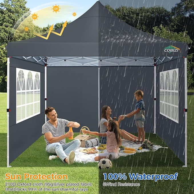 COBIZI 10x10ft Pop Up Canopy with 4 Removable Sidewalls, Easy Up Commercial Gazebos, Waterproof and UV50+ Gazebo with Portable Bag, Adjustable Leg Heights, Tents for Parties, with 4 sandbags, Gray
