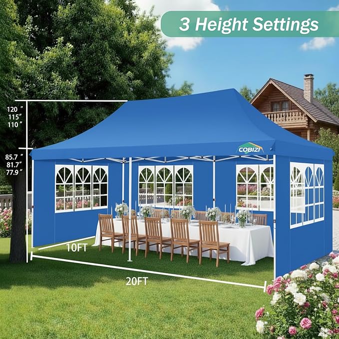 COBIZI 10x20 Pop Up Canopy with 6 Sidewalls, Conical Party Tent 10x20 with 3 Adjustable Height Waterproof, UV-Resistant with Carry Bag, Sandbag, Stake, Ropes for Parties, Commercial (Frame Upgraded)
