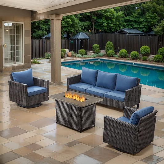 4 Piece Wicker Patio Furniture with Fire Pit Table - Outdoor Conversation Set with 50,000 BTU Fire Pit, All Weather Rattan Patio Set for Deck Backyard Garden - Brown Wicker Blue Cushion