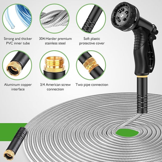 Garden Hose Metal 125FT, Stainless Steel Heavy Duty Water Hose With 10 Function Nozzle, No-Kink, Tough & Flexible, Sturdy and Lightweight, Rust Proof for Yard, Outdoor, RV