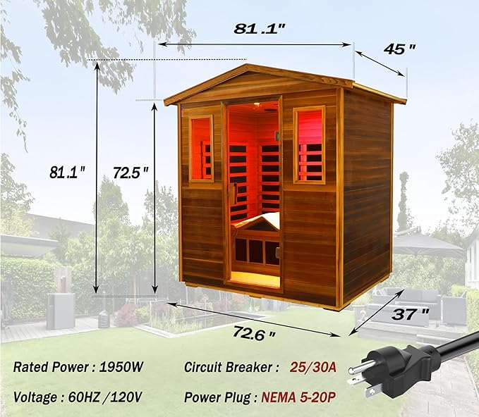 LTCCDSS Ultra-Low EMF Outdoor Sauna 3-Person, Full Spectrum Red Cedar Far Infrared Sauna for Home, Near&Mid-IR Light, EMF 0.1-1mG, Bluetooth & Chromotherapy (81.1 * 45 * 83.5 in)
