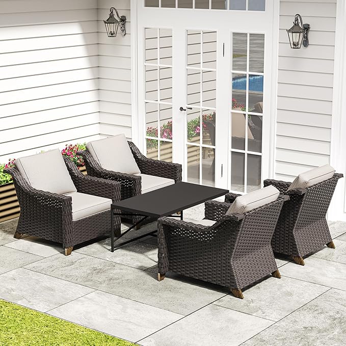 5 Pieces Outdoor Conversation Furniture Set - 4 PE Rattan Armchairs, 1 Metal Coffee Table, Patio Wicker Furniture Set with Water-Resistant Cushions for Swimming Pool, Sunroom (Beige)