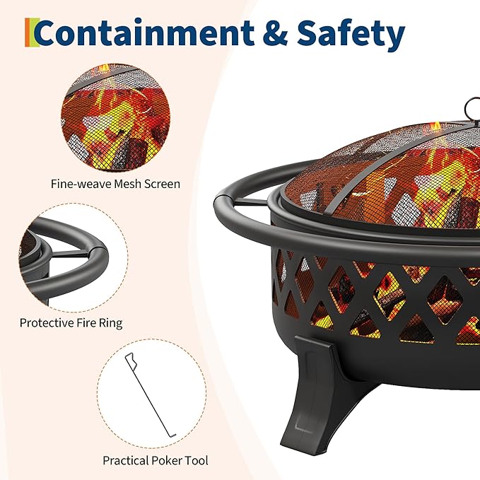 37 Inch Outdoor Fire Pit with Stoker Tool, Firepits for Outside with Spark Screen Cover, Wood Burning Fire Pit for Camping, Patio, Backyard