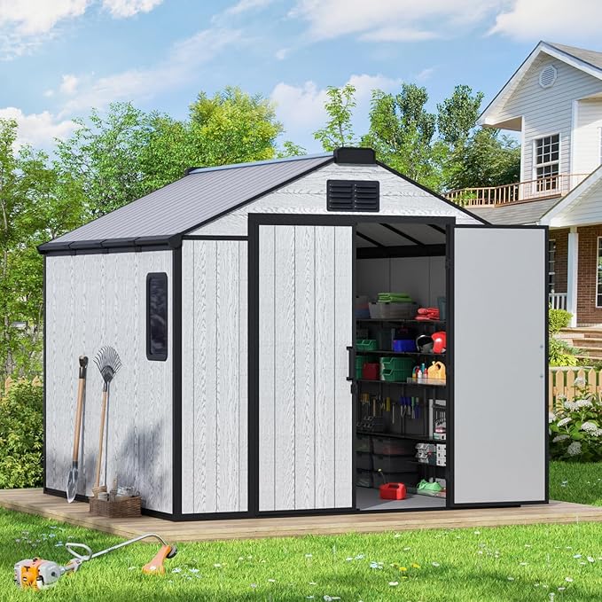 MELLCOM 8 x 8 FT Outdoor Storage Tool Shed with Floor, Resin Storage Shed with Windows and Lockable Door for Bike, Lawnmower, Pool Supply