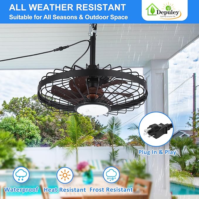 Depuley Gazebo Fans Outdoor Hanging: 20 Inch Black and Walnut Plug In Caged Outdoor Fan with Light and APP Remote Control - Waterproof Ceiling Fan for Patio Porch Pergola Reversible DC Motor