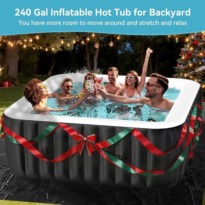 Inflatable Hot Tub, 240 Gal Large Square Portable Blow Up Hot Tub, 4-6 Person Leak-Proof PVC Outdoor Spa with 120 Air Jets, Heater Pump and Insulated Cover, 73x25 Inch