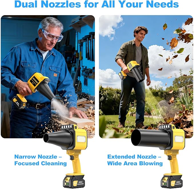 DEGGE Brushless Leaf Blower Cordless, Handheld Leaf Blowers with LED Work Light, Two Interchangeable Nozzles, Turbo Jet Blower for Lawn Care, Patio Cleaning, Garage Dust & Outdoor Use