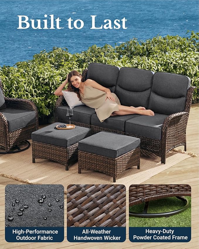 HILLGA Luxury High Back Patio Furniture Set with 6-Inch Thick Cushion, 7-Piece Outdoor Conversation Set with Sofa, Swivel Rocker Chairs & Ottomans, Ideal for Porch Pool Deck Yard (Dark Grey)