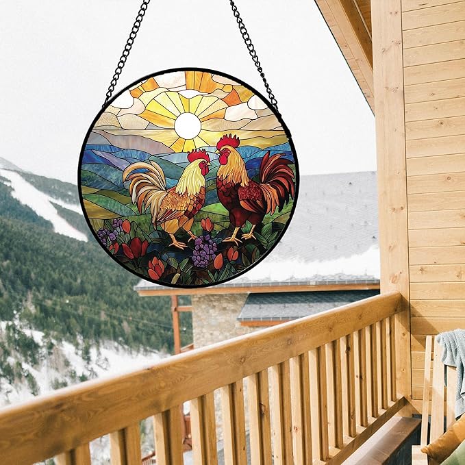 AMDERVEN Stained Glass Window Hanging, Countryside Scenery Chicken Sun Catcher for Door Home Decor Sunrise Suncatcher Christmas Mother's Day Birthday Gifts for Women Men Mom Nana 6.3 in