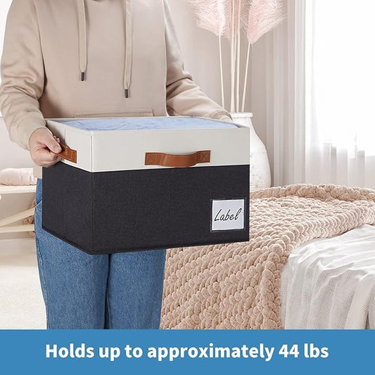 GhvyenntteS Large Storage Bins with Lids (3 Pack), Storage Baskets with Lid and Label Window, Foldable Fabric Storage Boxes with 3 Handles for Home Office College Dorms (Black, 15" x 11" x 9.7")