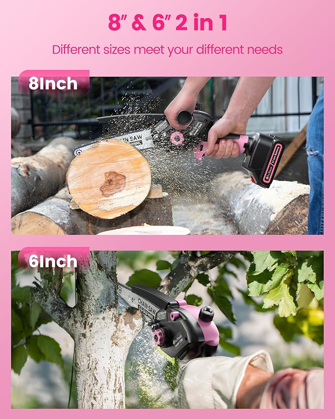 Mini Chainsaw Electric Cordless: 8 Inch & 6 Inch Brushless Chain Saw with 2 Pack Rechargeable Batteries, Battery Powered Handheld Saw for Trees Trimming Wood Cutting, Pink