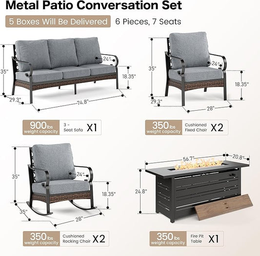 6 Piece Black Metal Outdoor Patio Furniture Sets with Firepit Table, Patio Conversation Sets 1 3-Seater Sofa, 2 Leg Sofa and 2 Rocking Sofa with 5.75" Cushion for Backyard Deck, Gray