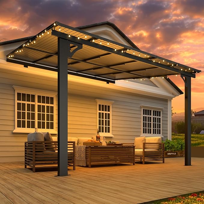 AECOJOY 10' x 10' Adjustable Height Outdoor Gazebo Pergola for Patio, Large Wall-Mounted 8.1-9.8 Ft Hard Top Lean to Metal Heavy Duty Metal Awnings Shelter Pergolas and Gazebos Clearance with Roof