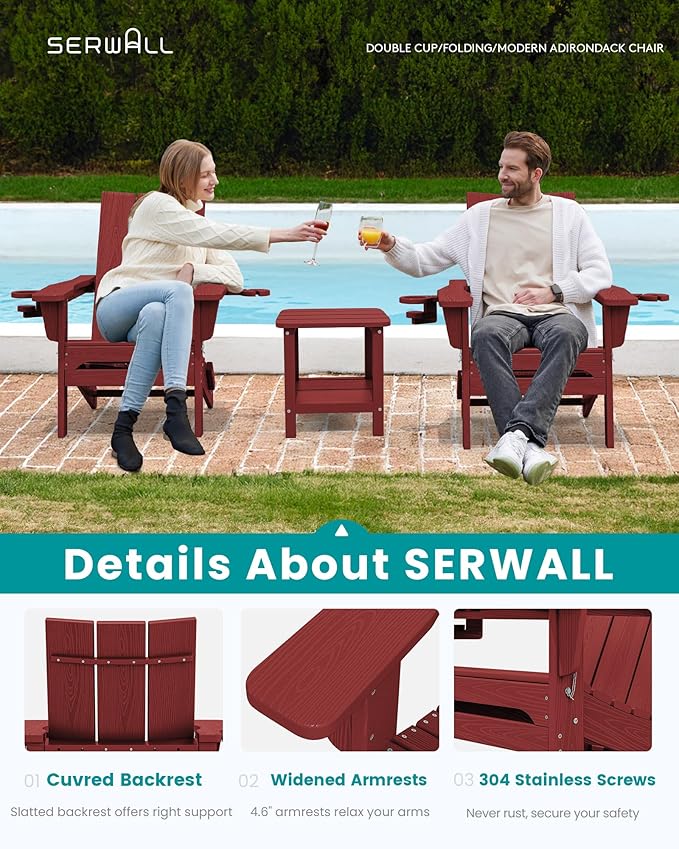 SERWALL Folding Adirondack Chair with Cup Holders, Weather Resistant HDPE Modern Adirondack Chair Set of 4, Plastic Outdoor Fire Pit Chairs, Red