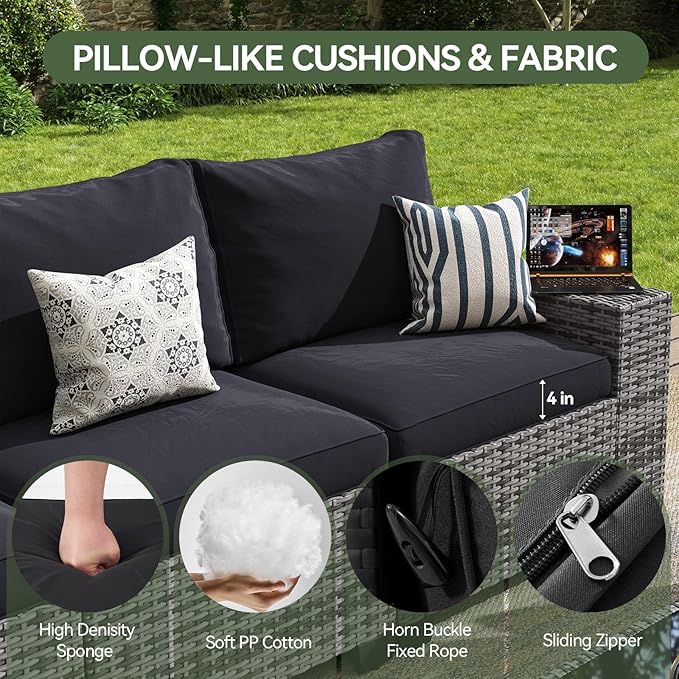 Aoxun Patio Furniture Set, 6 Pcs Outdoor Patio Furniture Sets with 4in Thicken Cushion, Widen Armrests Wicker Outdoor Sectional for Backyard (Include Waterproof Cover)