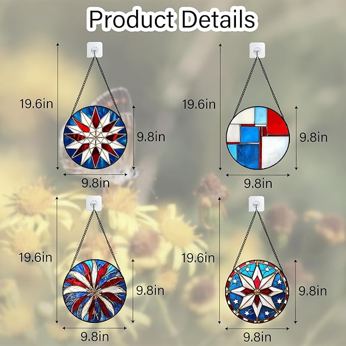 AMDERVEN Stained Glass Window Hanging 4 Pcs Set Abstract Flowers in Red White Blue 9.8" - Suncatcher Door Garden Sun Catcher Decor Birthday Mother's Day Xmas Gift for Mom Woman Nana Men Parents