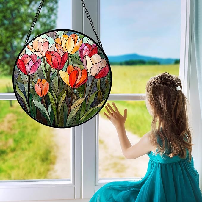 QZQCBLC Stained Glass Window Hanging Red and Pink Tulips 7.8" - Plant Suncatcher Door Garden Flower Sun Catcher Home Decor Birthday Christmas for Mom Woman Wife Friend Nana