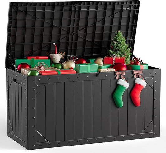 Outdoor Storage Box, 100 Gallon Deck Box Outdoor Storage Bench Outside Waterproof Resin Storage Bench, Lockable Patio Cushions, Garden Tools Storage For Furniture, UV Resistant(Black)