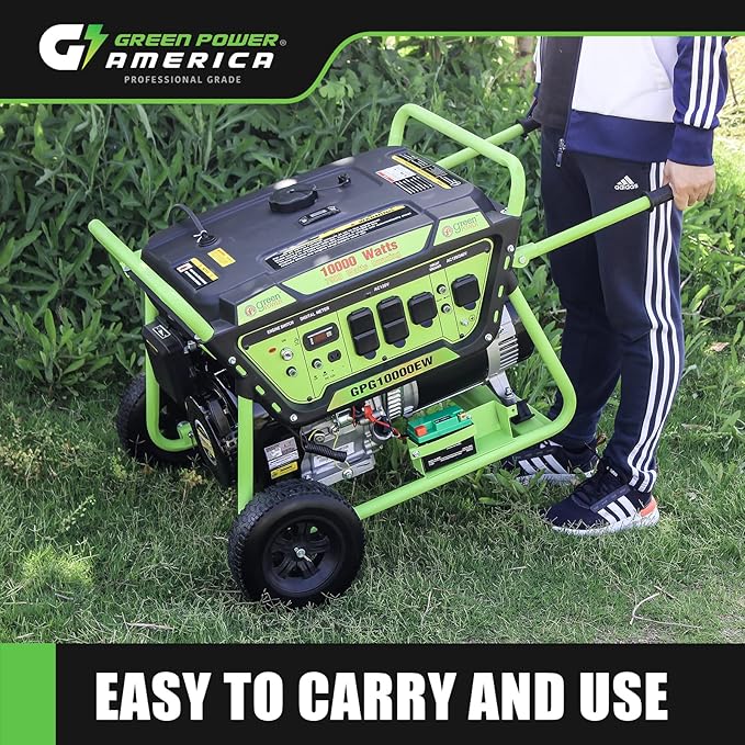 Green-Power America Gasoline Powered Portable Generator 10000 Watt, Recoil/Electric Start, 12V-8.3A Charging Outlets, Home Back Up & RV Ready, 49 State Approved（Excluding California）