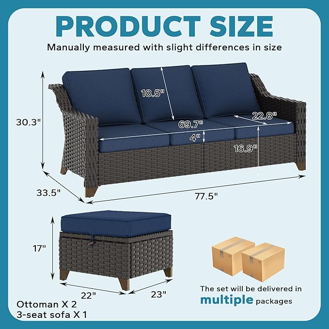 3 Pieces Outdoor Conversation Furniture Set - 77" Patio Sofa, 2 Rattan Wicker Ottomans, Patio Wicker Couch Set with Water-Resistant for Sunroom, Deck, Porch (Navy Blue)