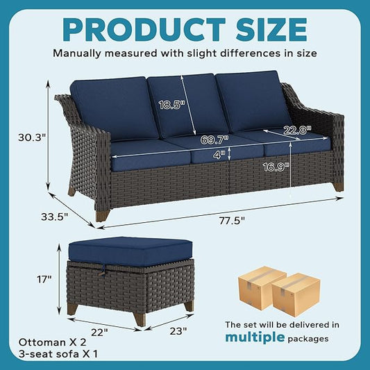 3 Pieces Outdoor Conversation Furniture Set - 77" Patio Sofa, 2 Rattan Wicker Ottomans, Patio Wicker Couch Set with Water-Resistant for Sunroom, Deck, Porch (Navy Blue)