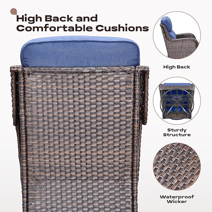 Rilyson Wicker Outdoor Patio Furniture Set - 8 Piece Patio Conversation Sets with Swivel Rocker Chairs, Ottomans, Sofa and Coffee Table, 6 inch Cushions, Deep Seating, for Porch Deck Brown/Blue