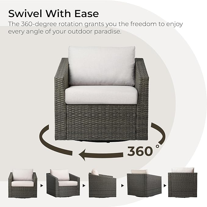 CHITA Patio Wicker Chair, 360° Swivel Outdoor Rattan Chair with Thickened Cushions for Backyard, Poolside, Garden or Porch, Beige Cushions with Grey Wicker