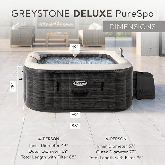 INTEX PureSpa Greystone Deluxe Inflatable Hot Tub, with with Built-in FastFill Inflation System, Spa Control App, and 4 Person Capacity, 83" x 28"