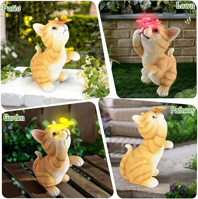 PaLuQiYa Solar Garden Statue Cat Figurine,Resin Cat Statue Playing Butterfly,Outdoor Decoration for Patio,Balcony,Yard, Lawn-Unique Housewarming Gift for Garden Mom Grandma